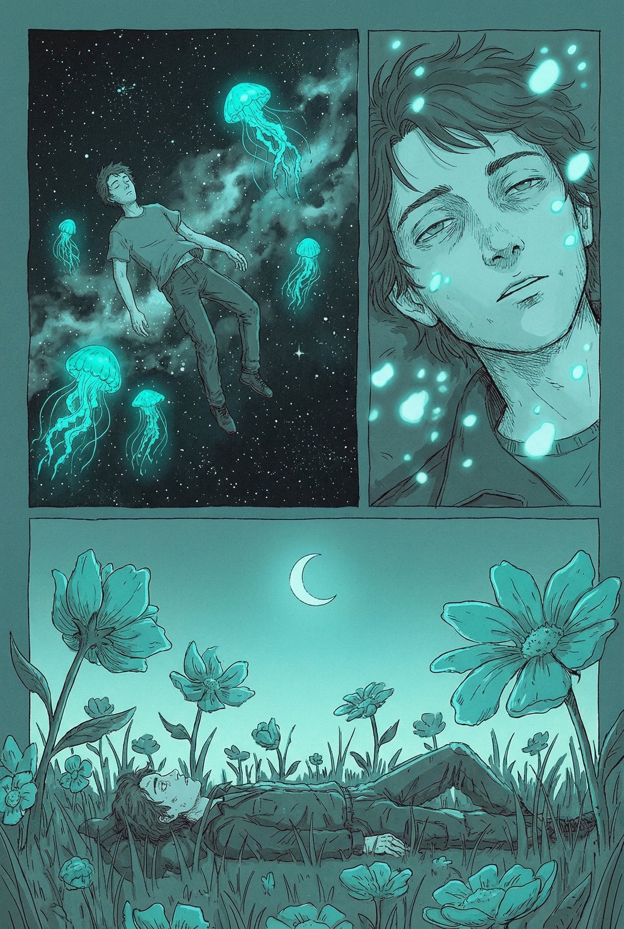 梦幻三格漫画_青色单色