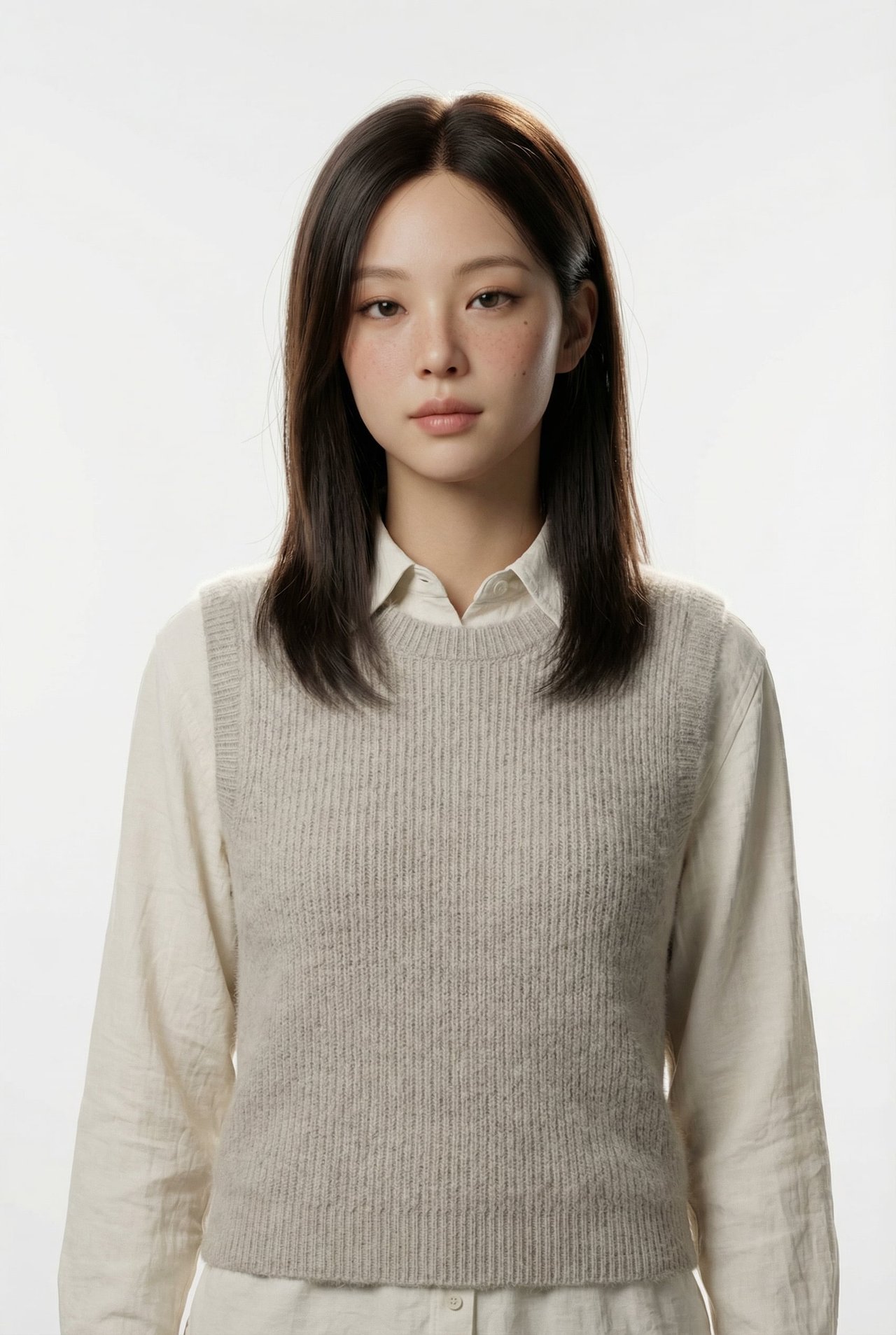 Stylized photorealistic 3D character full-body portrait, centered composition on seamless white background, young woman character standing straight facing camera in neutral relaxed pose, head slightly.jpg