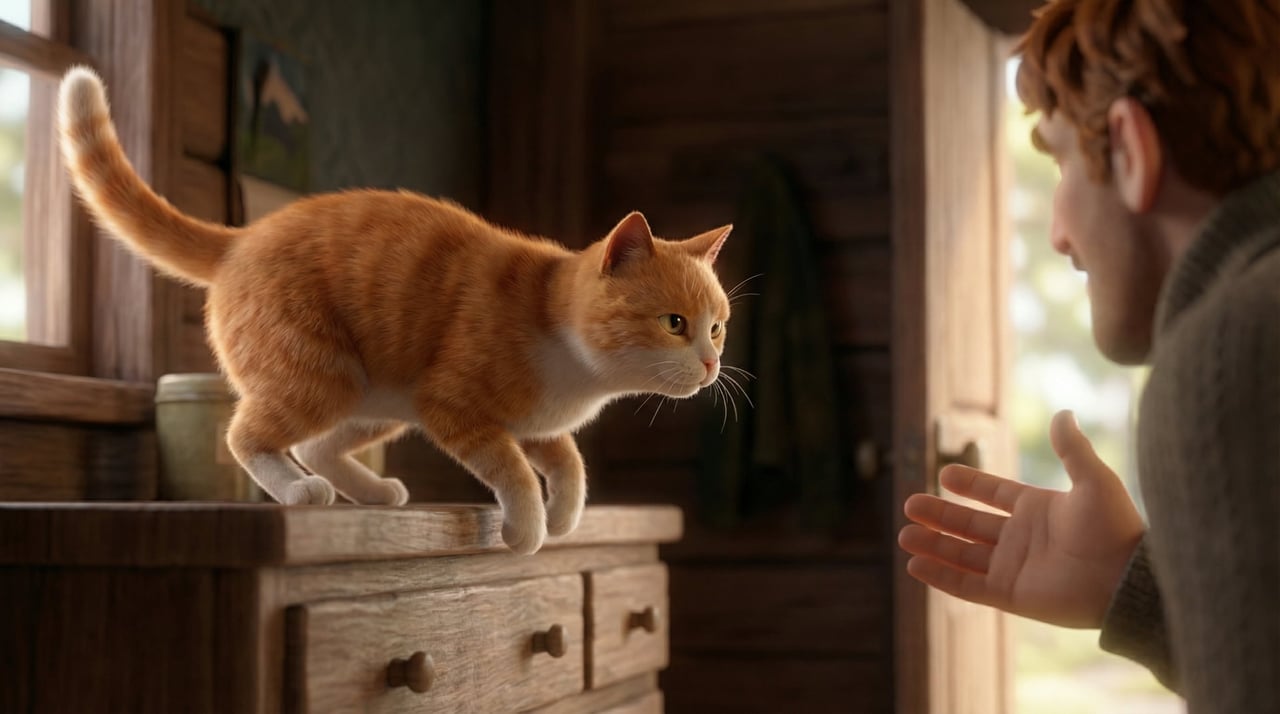 A cinematic close-up of an orange-and-white cat standing on the edge of a wooden cabinet countertop, occupying the left side of frame, body leaning forward, front paws hovering ready to jump, tail rai.jpg